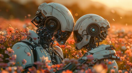 Sticker - Two robots enjoying a romantic sunset in a flower field