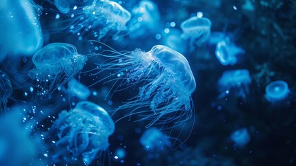 Blue bioluminescent underwater glow mesmerizing