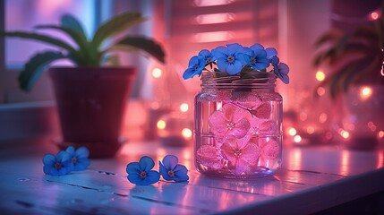 Wall Mural -   A container holding blue blossoms rests atop a table, adjacent to another vessel containing pink and blue petals