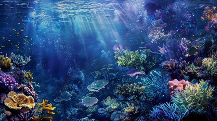 Wall Mural - Vibrant coral reef underwater teeming with life blue ocean glow