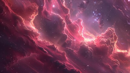Ethereal crimson clouds twinkling stars cosmic wonder