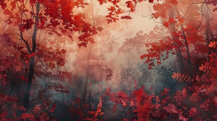 Wall Mural - Dense forest of red autumn leaves hazy backdrop
