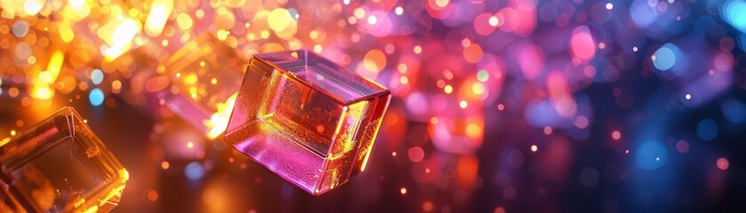 Poster - abstract image of vibrant colored cubes amidst bokeh lights, creating a dazzling visual spectacle wi