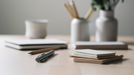 Wall Mural - A table with a pen, notebook and some other items, AI