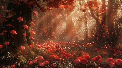 Wall Mural - Soft light scarlet mushrooms dot forest floor