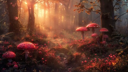 Wall Mural - Rosy glow scarlet mushrooms in forest
