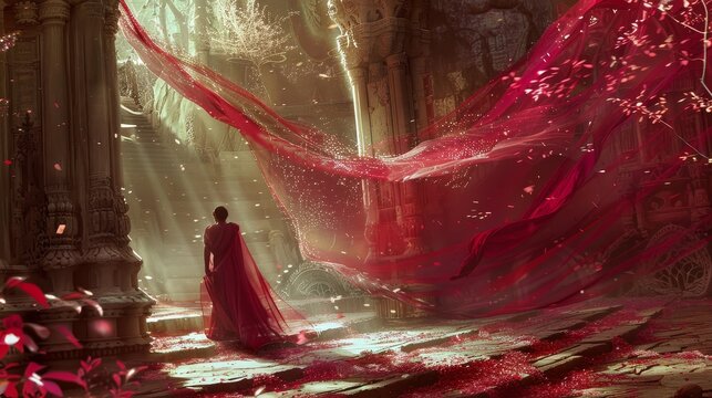 Ruby red veil otherworldly iridescent composition