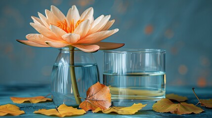 Canvas Print -   A glass vase containing a flower, surrounded by a glass of water and leaves on the ground nearby