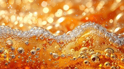 Wall Mural -   A close-up view of beer bubbles in a glass, with golden and orange bouquets in the backdrop