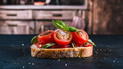 Poster - A close up of a piece of bread with tomatoes and basil, AI