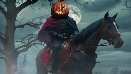 Wall Mural - horseman with jack o lantern head 4k loop features an a.i. generated video of a horseman with a flam