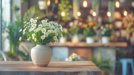 Poster - A close-up shot of a white vase with a bouquet of white daisies, sitting on a wooden table in a cafe setting. The background is blurred, showcasing a warm, inviting atmosphere.