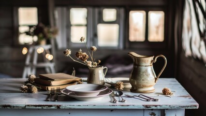 Wall Mural - A table with a pitcher, plates and flowers on it, AI