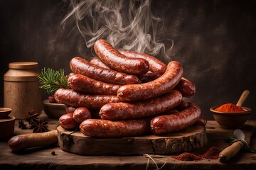 Wall Mural - traditional food smoked sausages smokehouse sausage meat smoke house dried tradition delicious diet smoky beef hanging fat prepared larder calorie epicure pork pantry cookery store domestic spicey