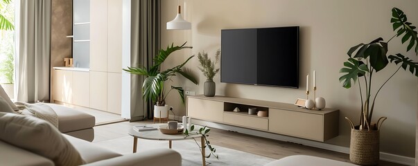 Sticker - Stylish beige minimalist TV console in a serene living room with clean lines and ample storage, providing a stylish and functional piece