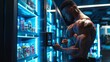 © Prostock-studio - A muscular man, shirtless, uses a vending machine inside a modern gym. He has chosen his beverage and is using a touchscreen to pay for it.