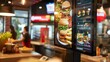 © Prostock-studio - A digital menu display in a restaurant showcasing various burgers and fries. The display is prominently placed in the front of the establishment, attracting customers with its tempting visuals.