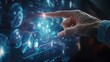 © Danish - A hand tapping on holographic icons projected in mid-air, each representing a distinct function or feature.