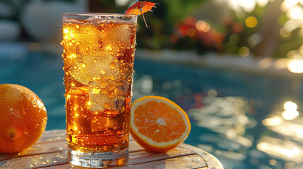 Poster -  A glass of orange juice sits beside an orange slice and an orange slice rests near a swimming pool