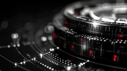 Poster - A close-up view of a futuristic technological interface, showcasing a black and white design with red highlights