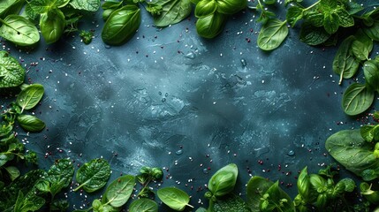 Wall Mural - Green herbs, like basil and mint, create a border around a blue textured surface