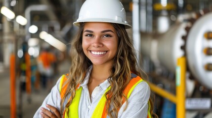 A young woman in a hard hat and safety vest stands confidently in a industrial setting