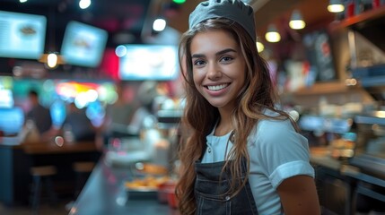 Wall Mural - A young woman wearing a black apron smiles at the camera while working at a restaurant