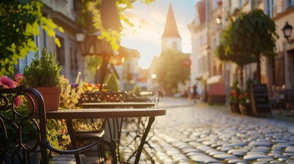 A view down a cobblestone street in a European city. The sun is shining and there are cafe tables and chairs set up outside a building. There is a church in the background.