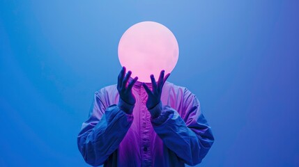Wall Mural - Isolated on blue background photo of man holding moon shape illuminated sphere. Surrealistic collage style, contemporary art element for design, posters and banners. Neon purple light.
