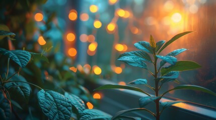 Poster - A close-up view of green leaves silhouetted against a window with a warm sunset glow and out-of-focus golden lights.
