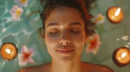 Canvas Print - young woman with her eyes closed on spa background. candles and a stone. place for the inscription, top view 