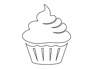 Wall Mural - Black outline of cupcake isolated on white backdrop. Minimalist graphic illustration. Concept of dessert, baking, sweet food. Icon, pictogram, template, sign, logotype, print, design element