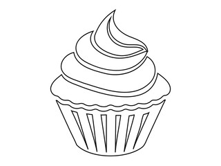 Wall Mural - Black outline of cupcake isolated on white backdrop. Minimalist graphic illustration. Concept of dessert, baking, sweet food. Icon, pictogram, template, sign, logotype, print, design element