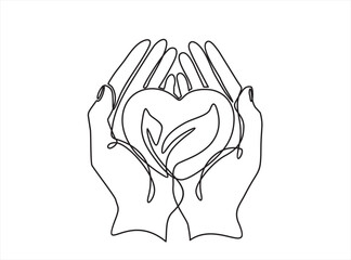 Wall Mural - Eco friendly. Continuous one line drawing of Two Hands holding Leaves Leaf  in heart. Black and white. White background. Line drawing.