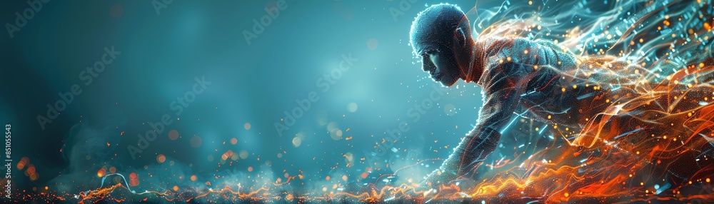 Futuristic digital art of a human figure surrounded by dynamic light ...
