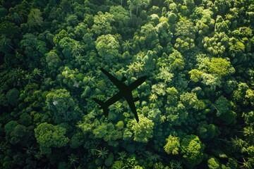 Wall Mural - Aerial view of airplane shadow flying over dense tropical jungle, rainforest background. Landscape with green trees and vegetation from above