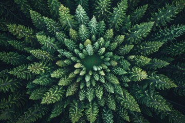 Wall Mural - Aerial view of a forest with pine trees arranged in the shape of a mandala, as seen from a top down drone photograph.