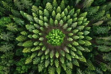 Wall Mural - Aerial view of a forest with pine trees arranged in the shape of a mandala, as seen from a top down drone photograph.