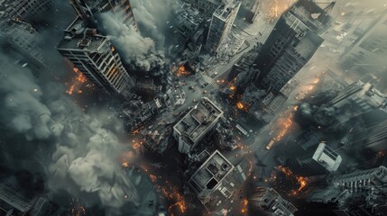 An aerial view of destroyed buildings in an apocalyptic city, top down view, birds eye view, photo realistic, volumetric lighting, action scene, smoke and fire,