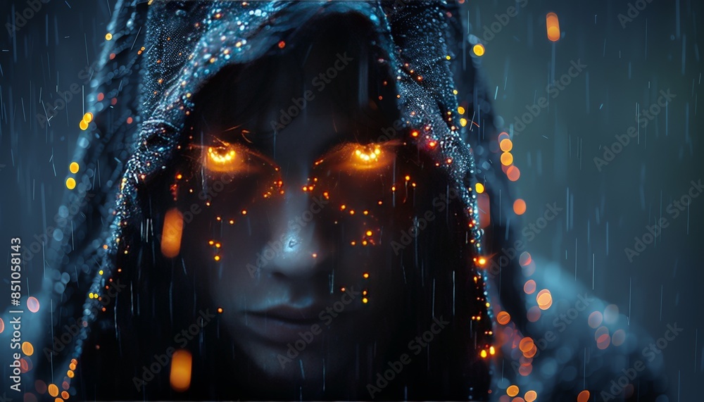 Mysterious figure in hood with glowing eyes in the rain, surrounded by ...