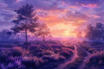 Wall Mural - Beautiful sunrise over heather field with trees and path in the Netherlands. The artwork depicts a sunrise over a field of heather with trees and a path,