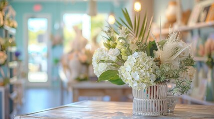 Poster - A close-up image of a white flower arrangement in a white vase on a table in a store. The flowers are in focus, while the background is blurred.