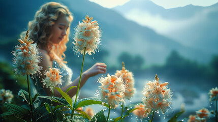The mountains with flowers, lush greenery, gardens, and terraced land. A beautiful girl with amazing landscape pictures for wallpaper, posters, print, wall art, and more. You only get unique from me.