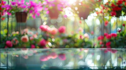Aufkleber - A blurry, out-of-focus image of pink flowers in a garden setting with the sun shining through the leaves. A glass table surface is in the foreground, adding a reflective element to the scene.