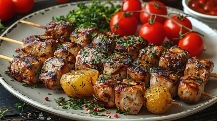 Wall Mural - Grilled Pork Skewers with Potatoes and Tomatoes