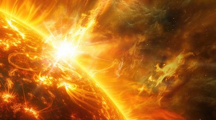 Wall Mural - Giant solar flare, solar star surface, light beams and fire on the sun surface. Big yellow orange energy explosion in space. Backdrop of nebula clouds. Super realistic rendering. High resolution.