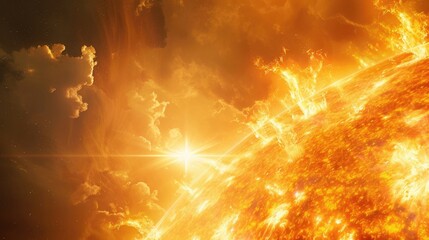 Wall Mural - Giant solar flare, solar star surface, light beams and fire on the sun surface. Big yellow orange energy explosion in space. Backdrop of nebula clouds. Super realistic rendering. High resolution.