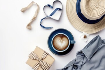 Wall Mural - Happy Father's Day concept with a blue heart-shaped coffee cup and gift box on a white background with space for copy text. A flat lay top view of male accessories 