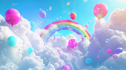 Colorful hot air balloons float gracefully amidst fluffy clouds under a bright rainbow, creating a whimsical and dreamy sky scene.