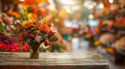 Poster - A vibrant bouquet of flowers sits on a rustic wooden table in front of a blurred background of a flower market. The flowers are arranged in a glass vase and feature a variety of colors and textures.